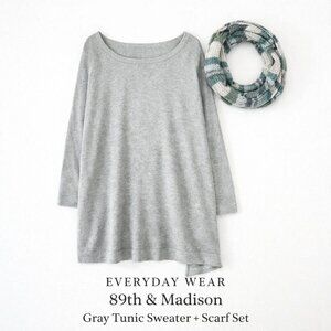 89th & Madison Gray Tunic Sweater + Scarf Set 1X Plus Cozy Knit